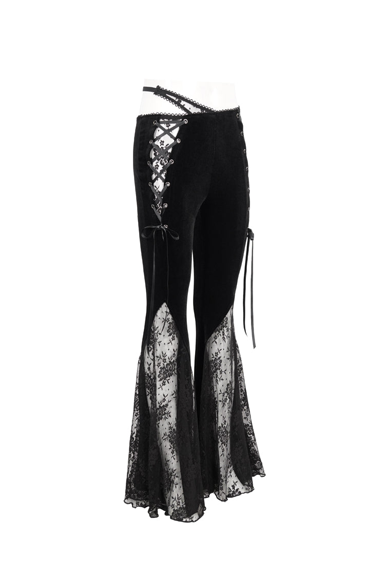 Black Velvet-Paneled Mesh Side-Adjustable Asymmetrical Women's Gothic Leggings - Product - 10