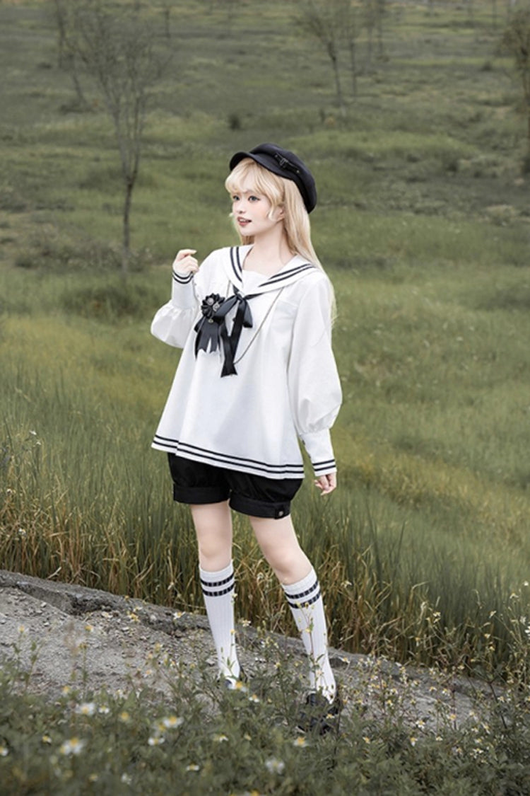 Black/White [Old Stories] Navy Collar Long Sleeves Bowknot Ouji Gothic Lolita Blouse Shorts Set - Product - 4