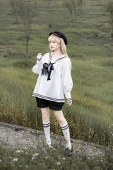 Black/White [Old Stories] Navy Collar Long Sleeves Bowknot Ouji Gothic Lolita Blouse Shorts Set - Product - 4