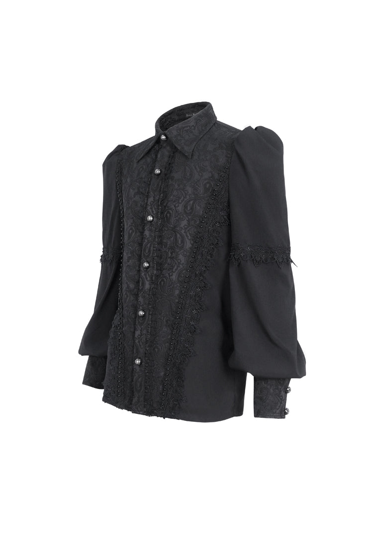 Black Lapel Collar Lantern Sleeves Jacquard Embroidery Men's Gothic Blouse - Product - 6