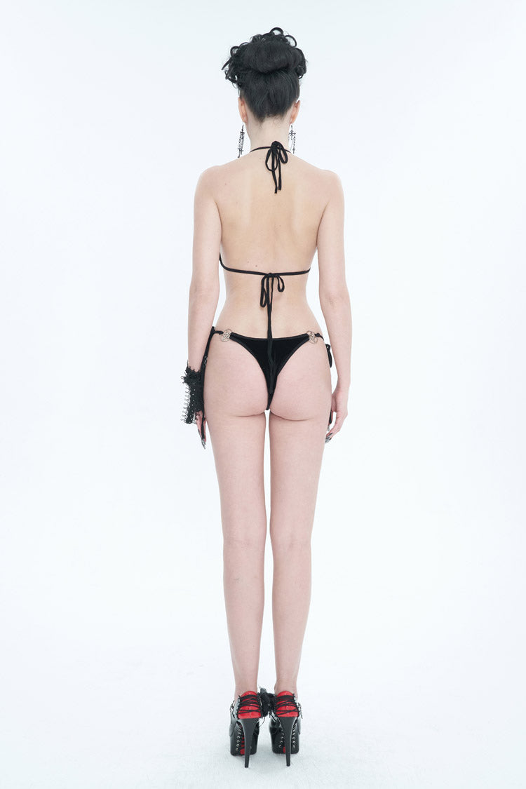 Black Velvet Stretch Sexy Cutout Pentagram Women's Gothic Swimsuit Set - Product - 5