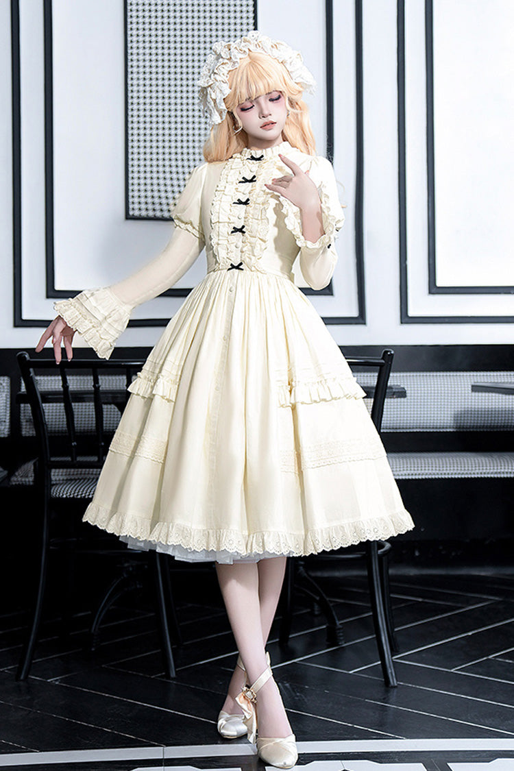 Ivory [Birch Appointment] Stand Collar Long Puff Sleeves Ruffle Bowknot Sweet Lolita Dress - Product - 4