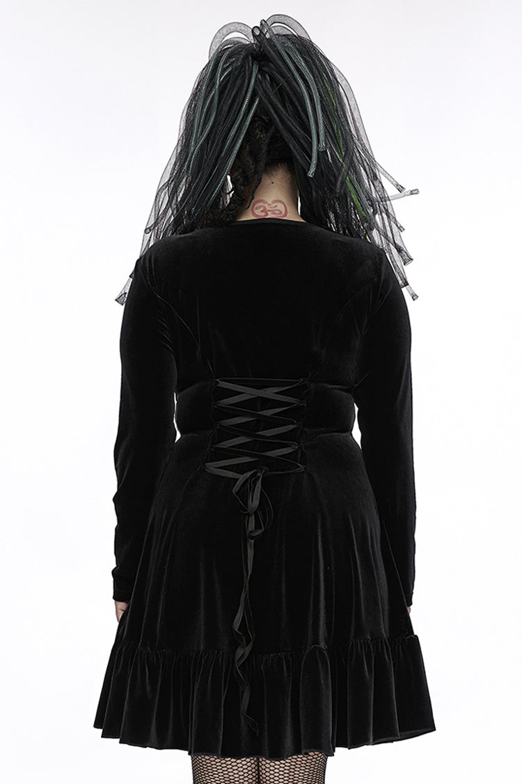 Black Stretch-Velvet Chain Print Decoration Webbing Long Sleeve Straps Women's Plus Size Gothic Dress - Product - 3