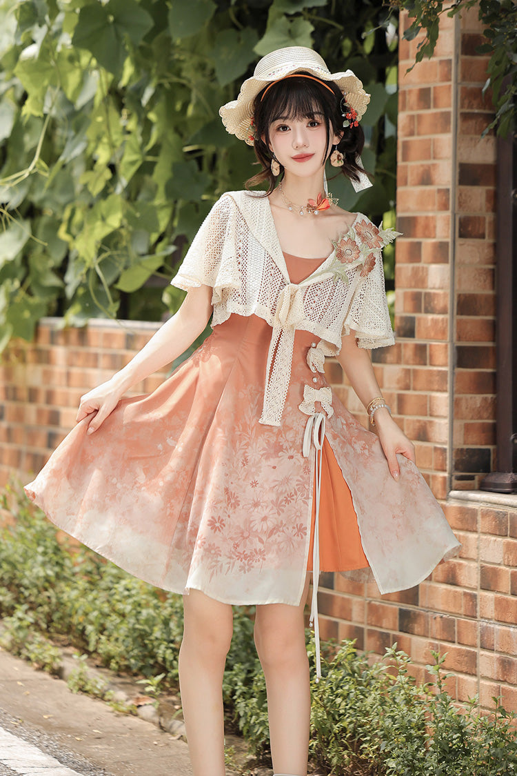 Orange Square Collar Sleeveless Chrysanthemum Printed Bow Lace-Up Asymmetric Sweet Chinese Inspired Lolita Jsk Dress Set - Orange(Set) - 1
