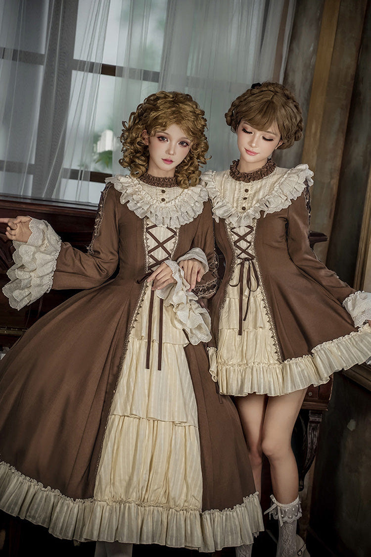 Brown/Beige [Nutcracker] Stand Collar Long Trumpet Sleeves Ruffle Cardigan Bowknot Lace-Up Sweet Lolita Dress Set 2 Versions - Product - 7