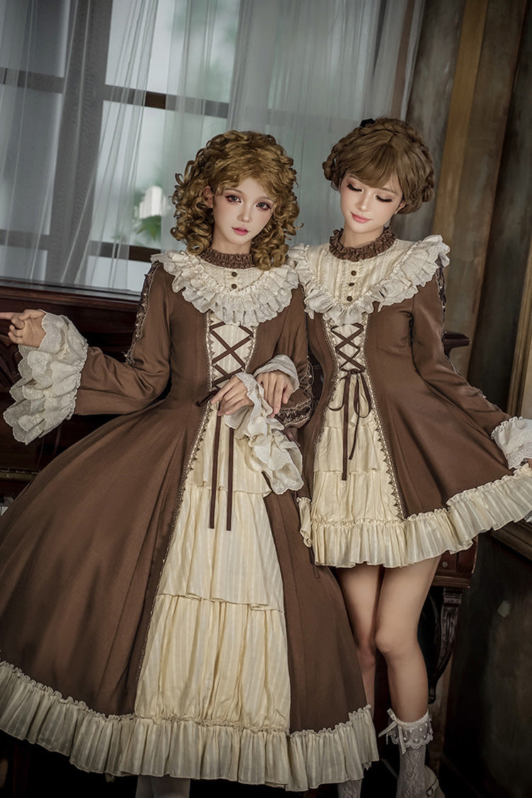 Brown/Beige [Nutcracker] Stand Collar Long Trumpet Sleeves Ruffle Cardigan Bowknot Lace-Up Sweet Lolita Dress Set 2 Versions - Product - 7
