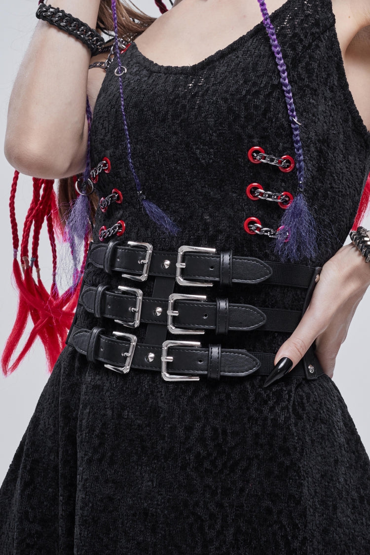 Black Cut-Out Slim Fit Studded Buckled Women's Gothic Faux Leather Girdle - Product - 6