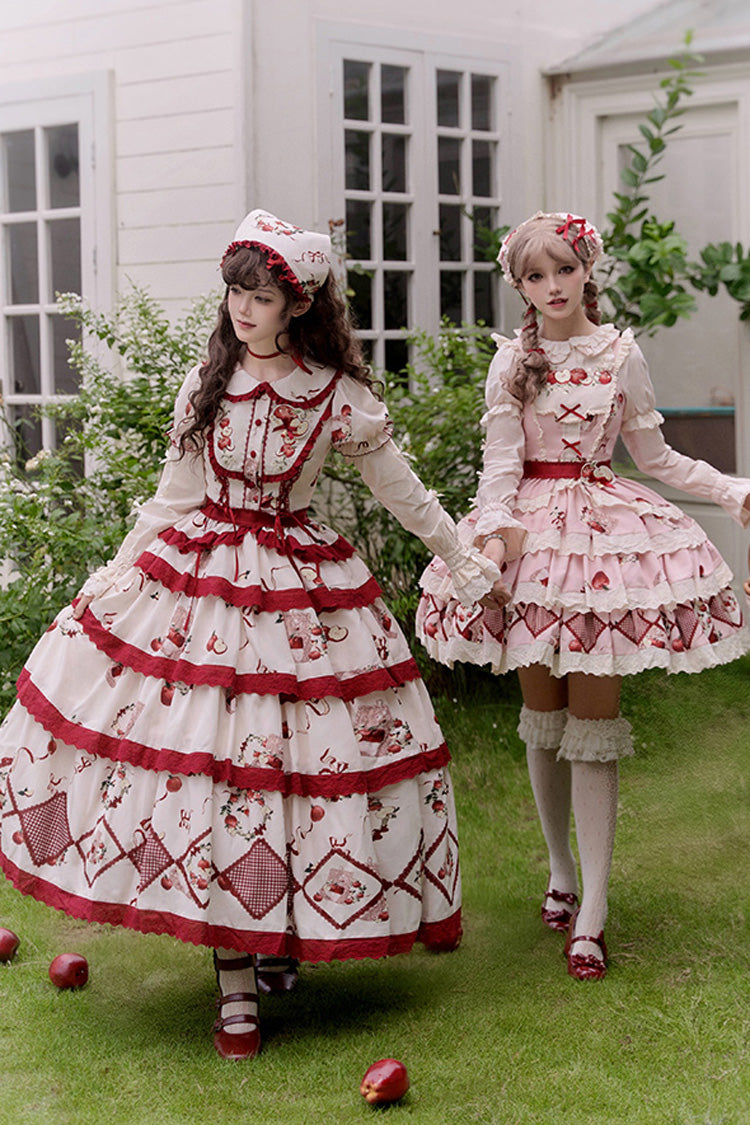 Red/Beige Triple-Layered [Apple Orchard] Print Ruffle Embroidery Sweet Lolita Long Skirt - Product - 2