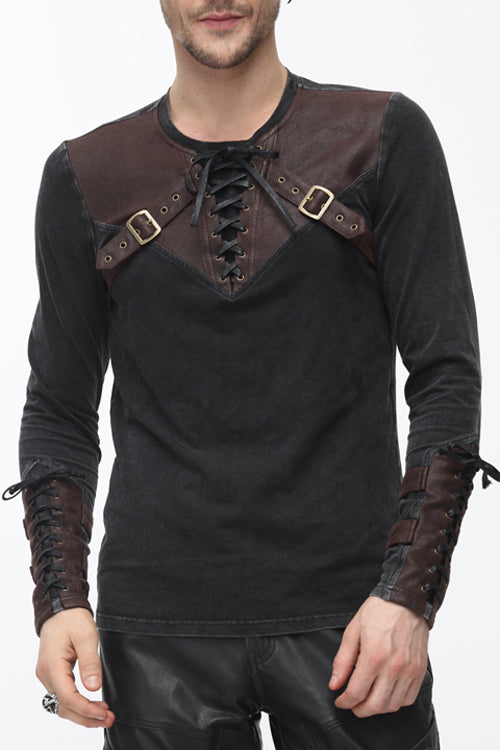 Brown Long Sleeves Designer Mens Punk T-Shirt - Black - 1