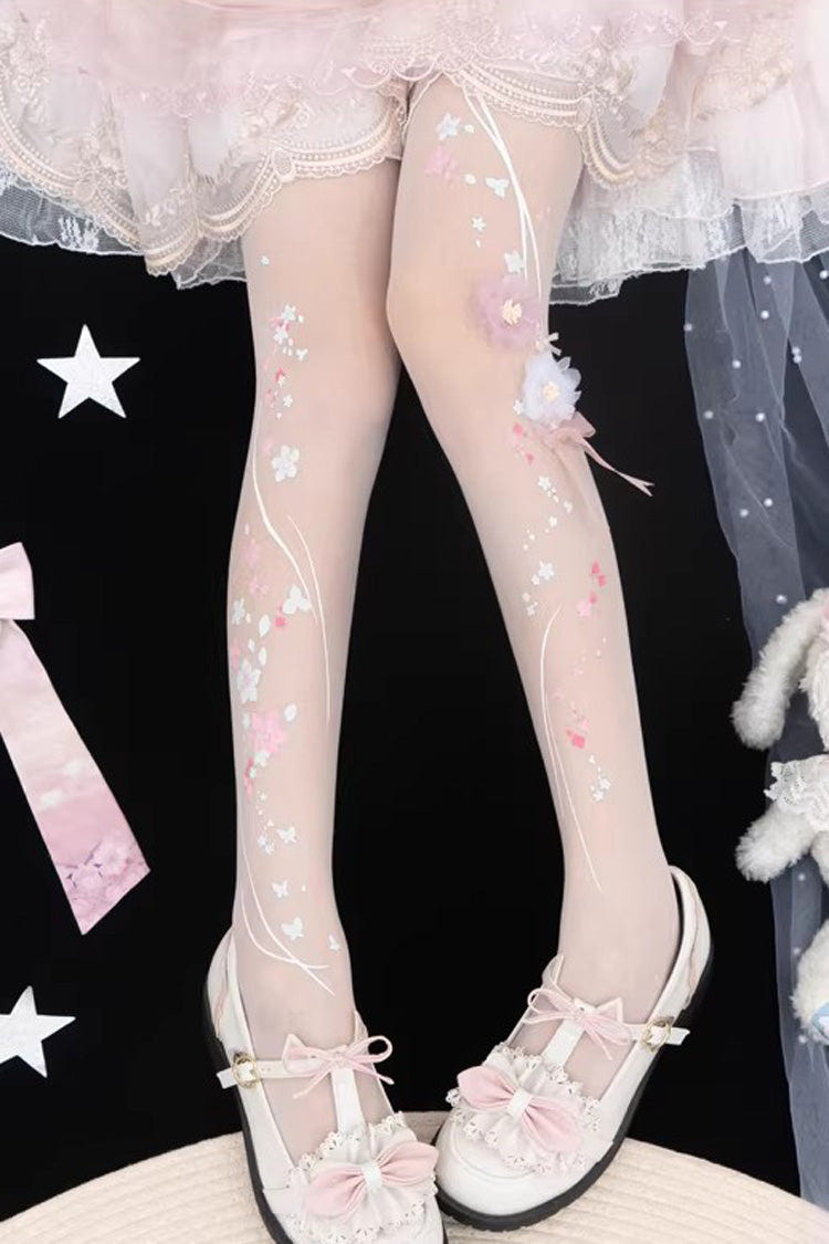 [Peach Blossom Fragrance] Printed Sweet Chinese Style Gorgeous Lolita Tights 4 Colors - White Version2 - 4