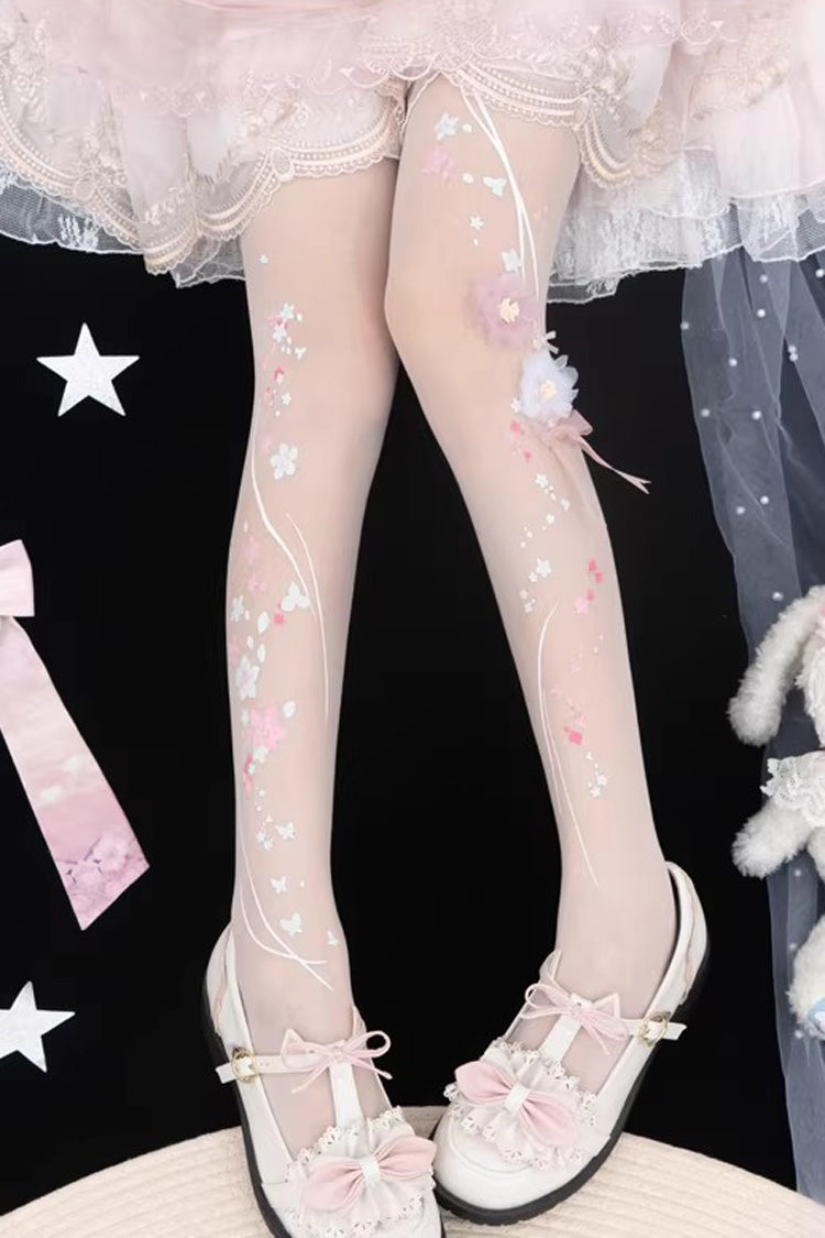 [Peach Blossom Fragrance] Printed Sweet Chinese Style Gorgeous Lolita Tights 4 Colors - White Version2 - 4