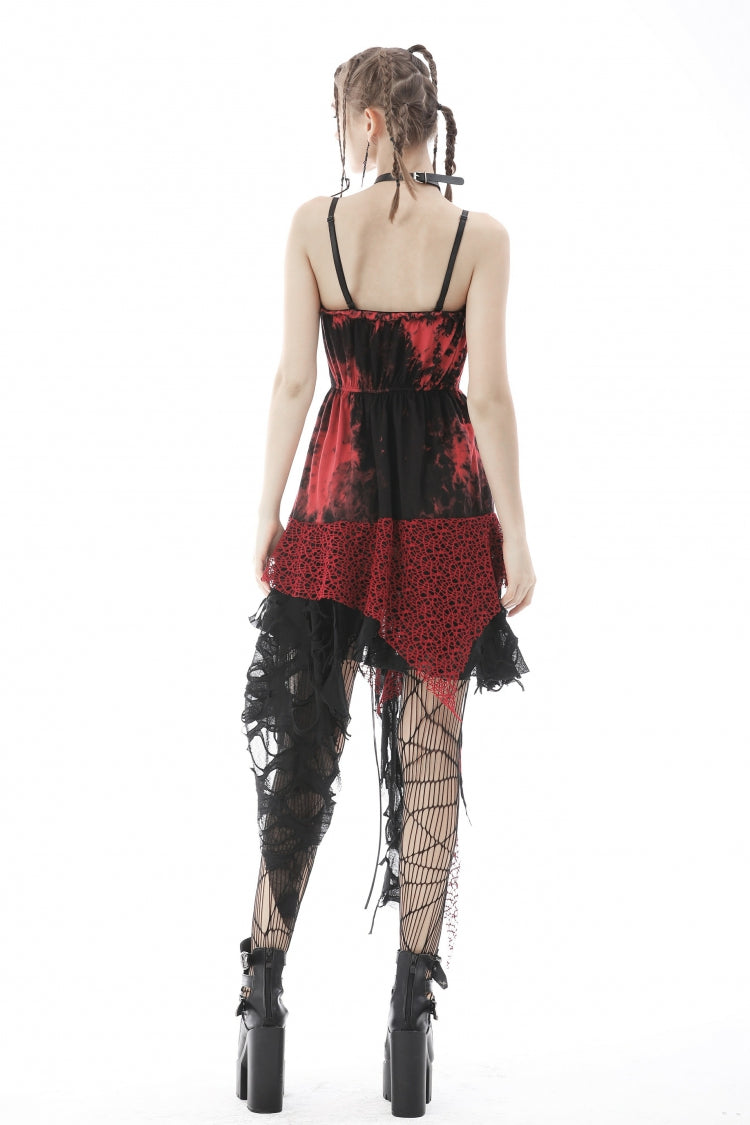 Black/Red Irregular Tie-dyed Patchwork Women's Punk Slip Dress - Product - 4