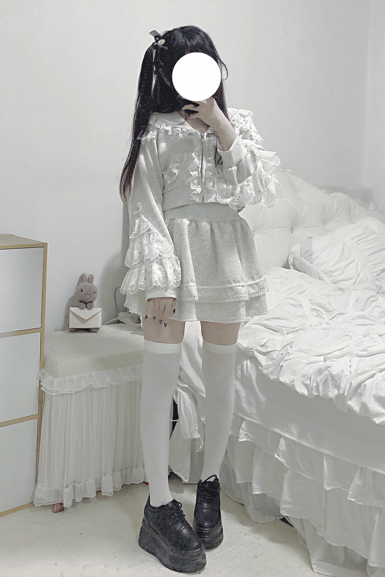 Grey [Heartbeat Rhythm] Long Sleeves Ruffle Lace Hooded Jirai Kei Japanese Skirt Set - Product - 10