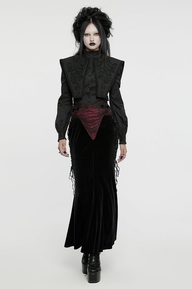 Black/Red Ruffle Rose Embroidery Lace-Up Women's Gothic Fishtailed Skirt - Product - 4