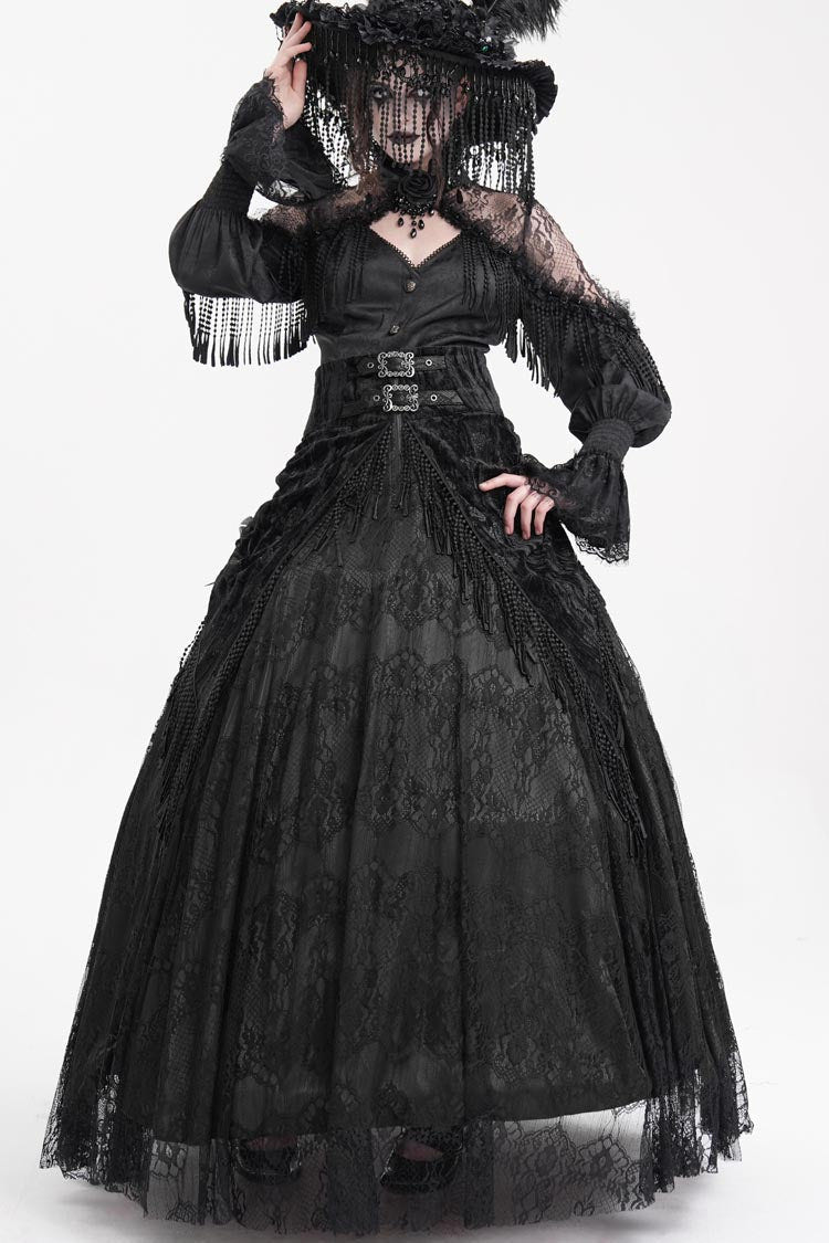 Black Print Embroidery Tassels Buckle-up Lace-Up Women's Gothic Long Skirt - Product - 7