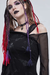 Black Gothic Off-The-Shoulder Graphic-Print Asymmetric Design Splicing Mesh Women's Dress - Product - 10