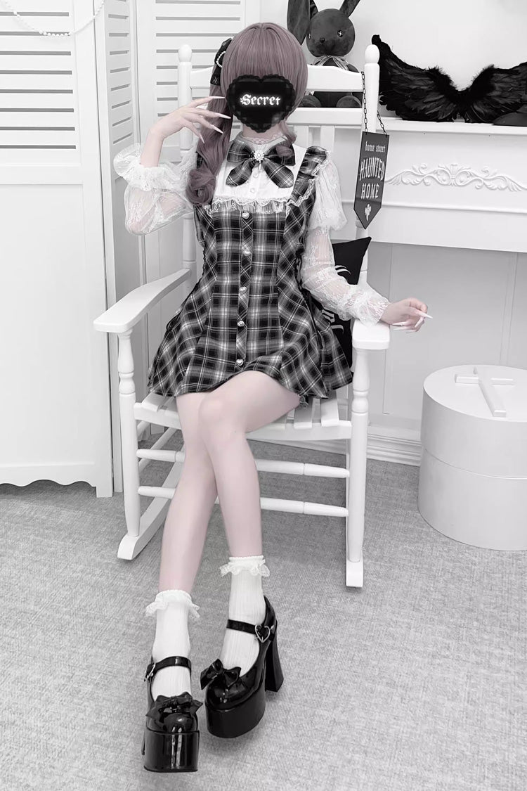 [Feather Ode] Jirai Kei Stand Collar Long Sleeves Ruffled Bow Lace Sweet Japanese Dress Shorts Set 2 Colors - Product - 5