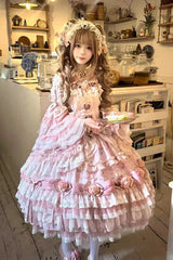Pink [Rose Manor] Multi-Layered Ruffled Bow Lace Sweet Gorgeous Lolita Jsk Dress - Product - 3