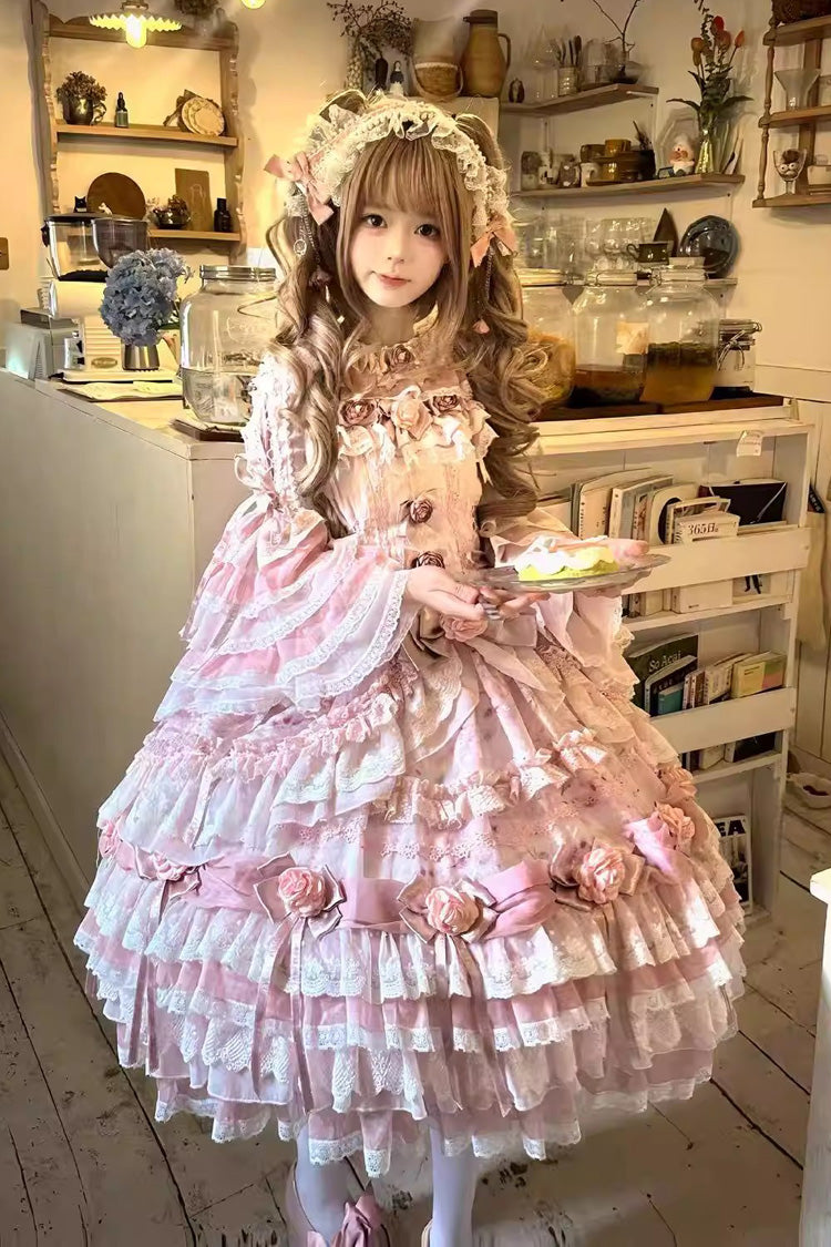 Pink [Rose Manor] Multi-Layered Ruffled Bow Lace Sweet Gorgeous Lolita Jsk Dress - Product - 3