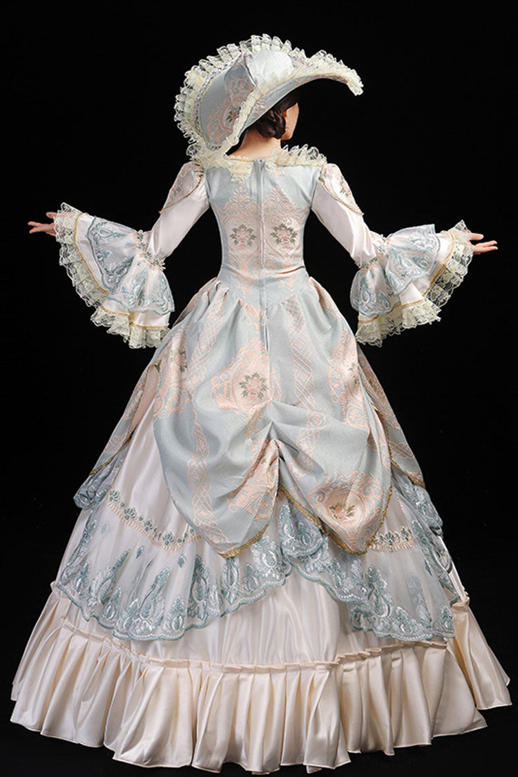 Blue/Champagne Trumpet Sleeves High Waisted Ruffled Multi-Layer Hollow Embroidery Print Victorian Lolita Prom Dress - Product - 3