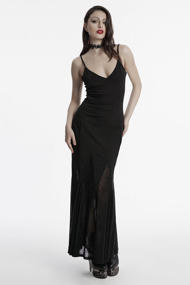 Black Sleeveless Plunging Sipder Stitching Mesh Women's Gothic Party Dress - Product - 4