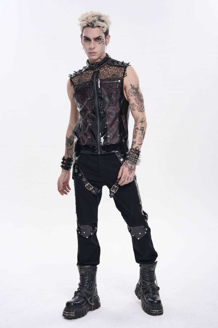 Black Stand Collar Sleeveless Spliced Mesh Studded Zippered Chain-Decorated Eyelet Men's Punk Vest - Product - 10