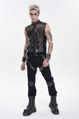 Black Stand Collar Sleeveless Spliced Mesh Studded Zippered Chain-Decorated Eyelet Men's Punk Vest - Product - 10