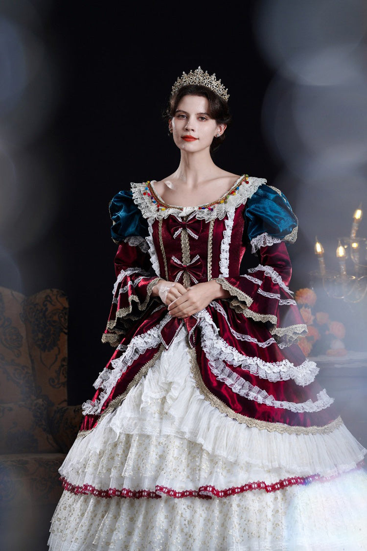 Wine/Ivory Round Collar Long Hime Sleeves Triple-Layered Ruffled Open-Front Bow Lace Classic Vintage Palace Lolita Victorian Dress - Product - 8