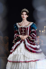 Wine/Ivory Round Collar Long Hime Sleeves Triple-Layered Ruffled Open-Front Bow Lace Classic Vintage Palace Lolita Victorian Dress - Product - 8