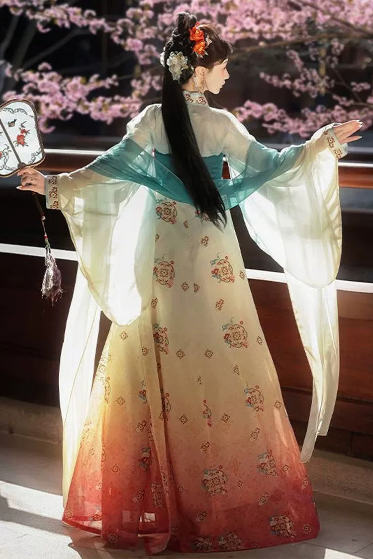 Blue/Pink High Waisted Print Embroidery Women's Classic Hanfu Dress Full Set - Product - 6