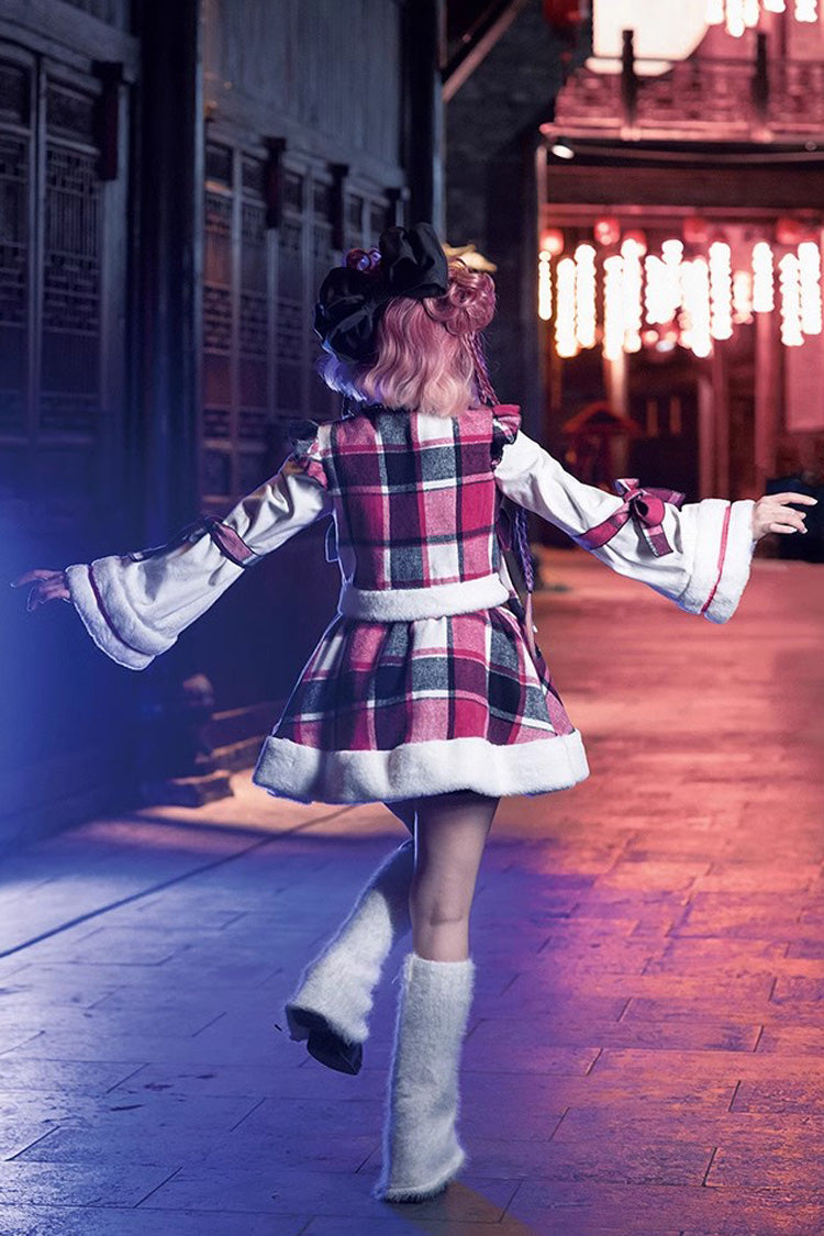 Multi-Color Plaid Print Bowknot Autumn Winter Sweet Chinese Style Lolita Skirt Set - Product - 8