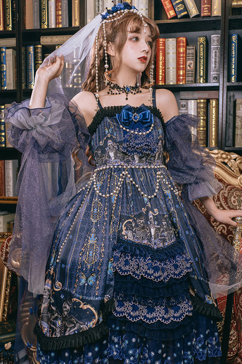 Blue Skull Print Hanayome Bowknot Pearl Chain Multi-Layer Ruffled Gothic Lolita JSK Tiered Dress - Product - 4