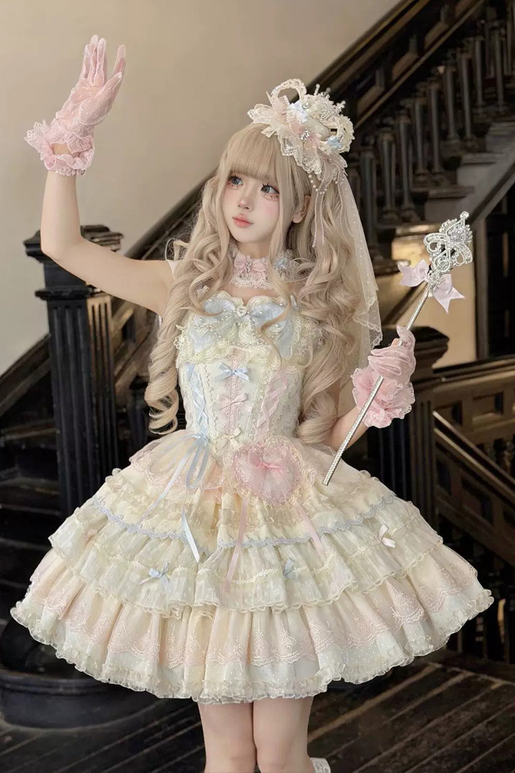 Apricot/Pink [Cloudwhale Dreamweaver] Square Collar Multi-Layered Ruffled Bow Lace Sweet Lolita Jsk Dress - Apricot/Pink - 1