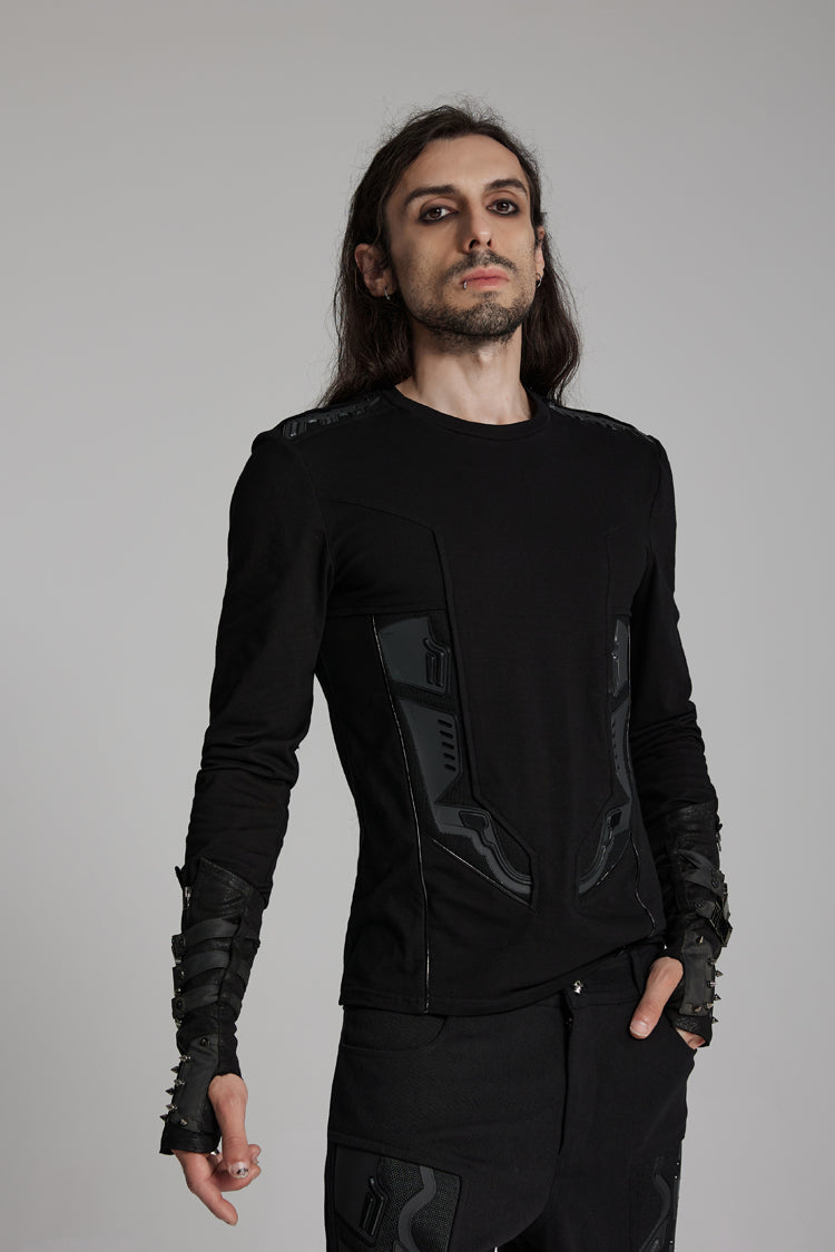Black Round Collar Long Sleeves 3D Amor Patch Print Men's Punk T-Shirt - Product - 2