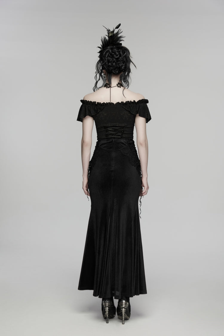 Black Embroidered Lace-Up Slim Women's Gothic Elegant Long Skirt - Product - 3