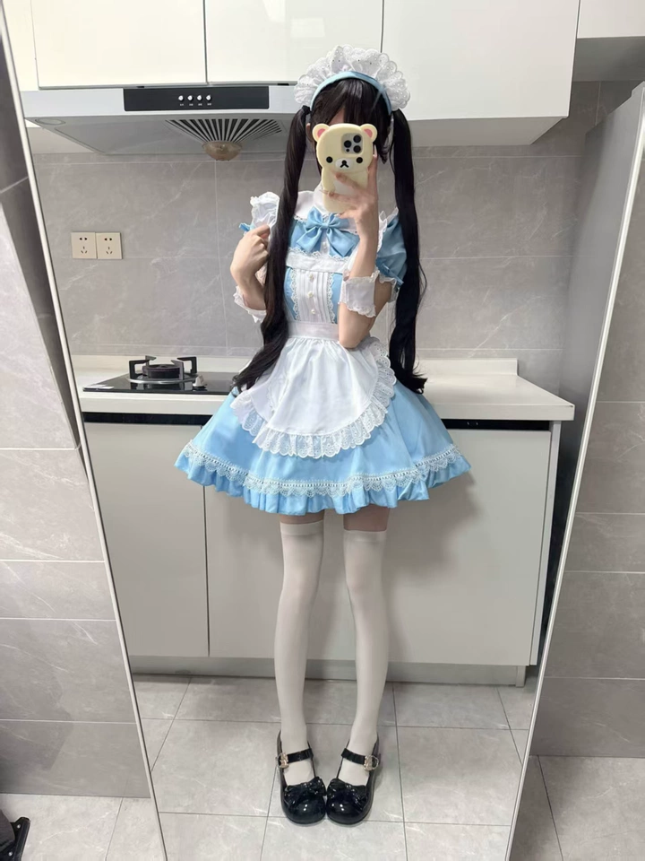 Blue and White Ruffled Maid Lolita Dress with Apron Bow Accent - view 3