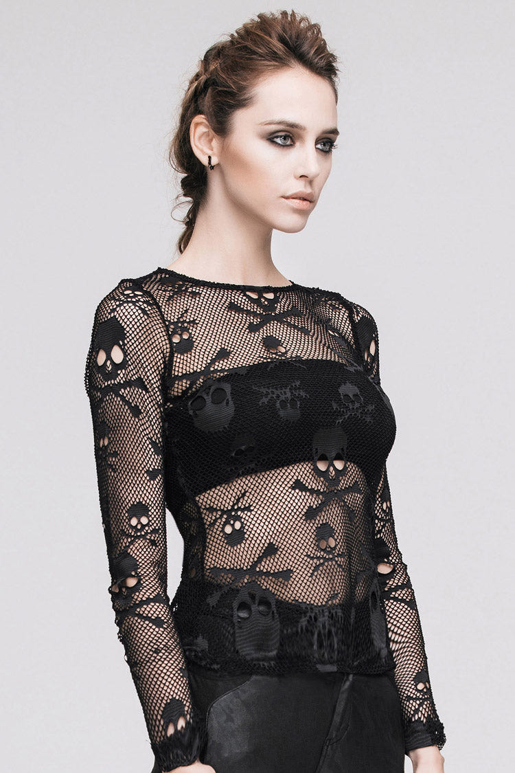 Black Skull Knit Long-Sleeve Open-Neck Round Collar Elastic Women's Punk Shirt - Product - 6
