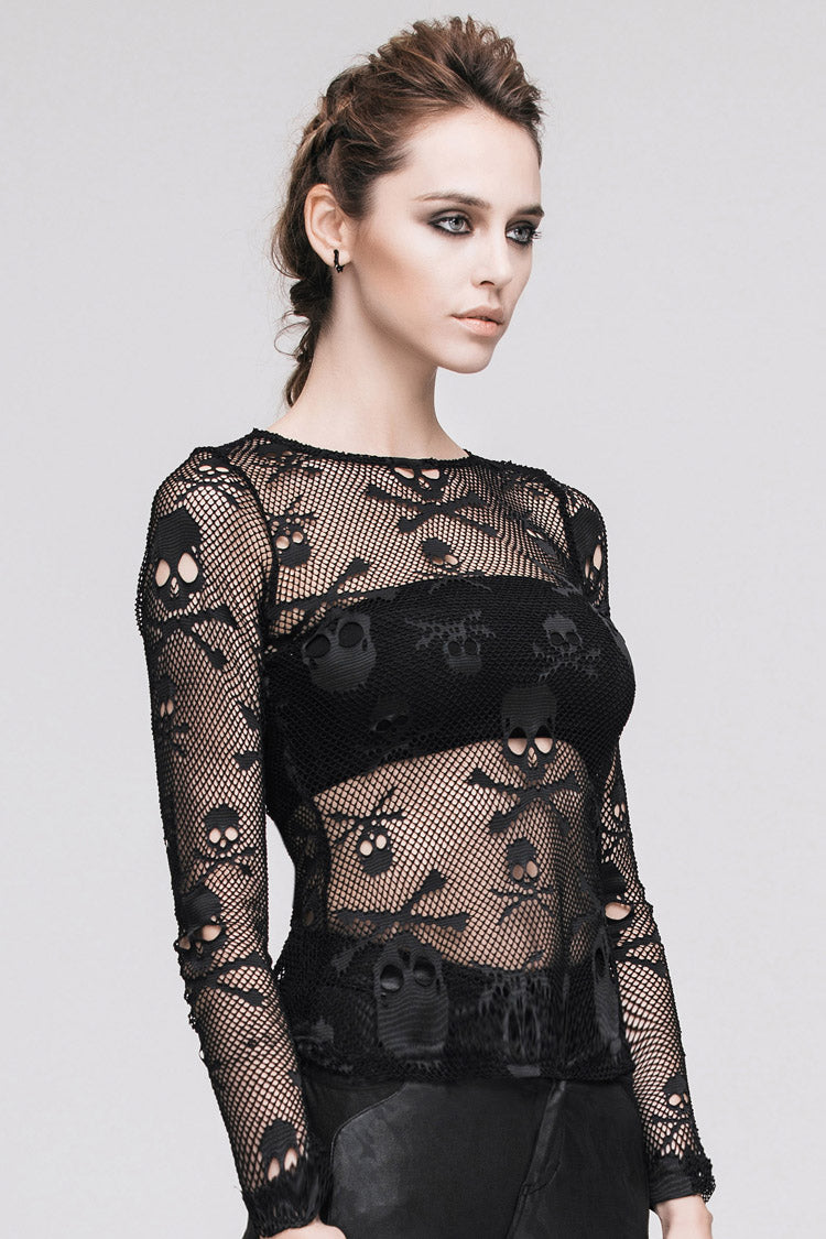 Black Skull Knit Long-Sleeve Open-Neck Round Collar Elastic Women's Punk Shirt - Product - 6