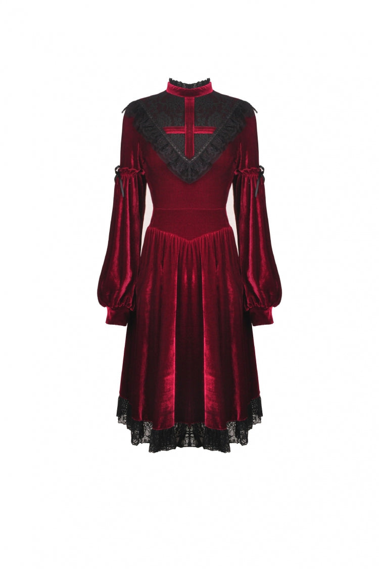 Red Vintage Long Sleeves Lace Collar Cross Women's Gothic Velet Dress - Product - 3
