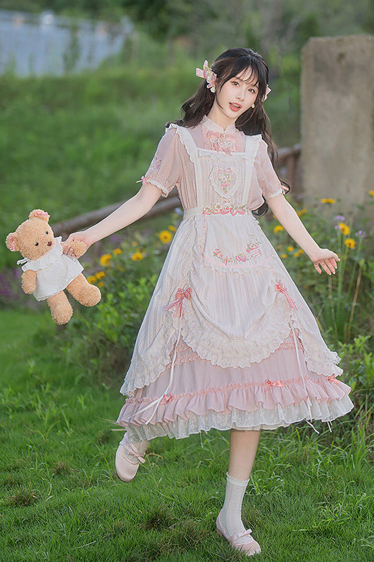 Pink Stand Collar Short Sleeves Ruffled Embroidered Lace Sweet Chinese Inspired Lolita Dress - Product - 13