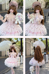 Pink [Cloudborne Snowfeather] Sleeveless Multi-Layered Hanayome Bowknot Pearl Gothic Lolita Jsk Dress - Product - 6