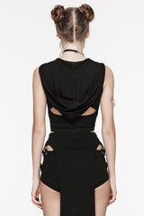 Black Sleeveless Cutout Crossed Hooded Women's Punk Tank Top - Product - 4