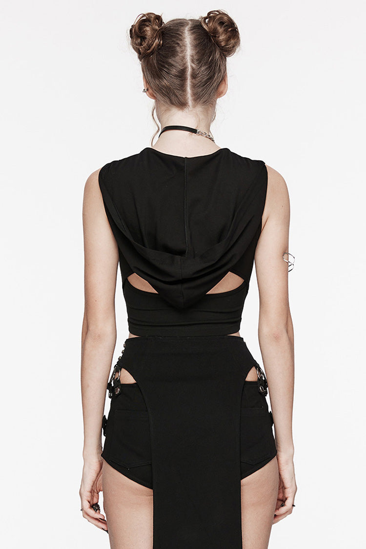 Black Sleeveless Cutout Crossed Hooded Women's Punk Tank Top - Product - 4