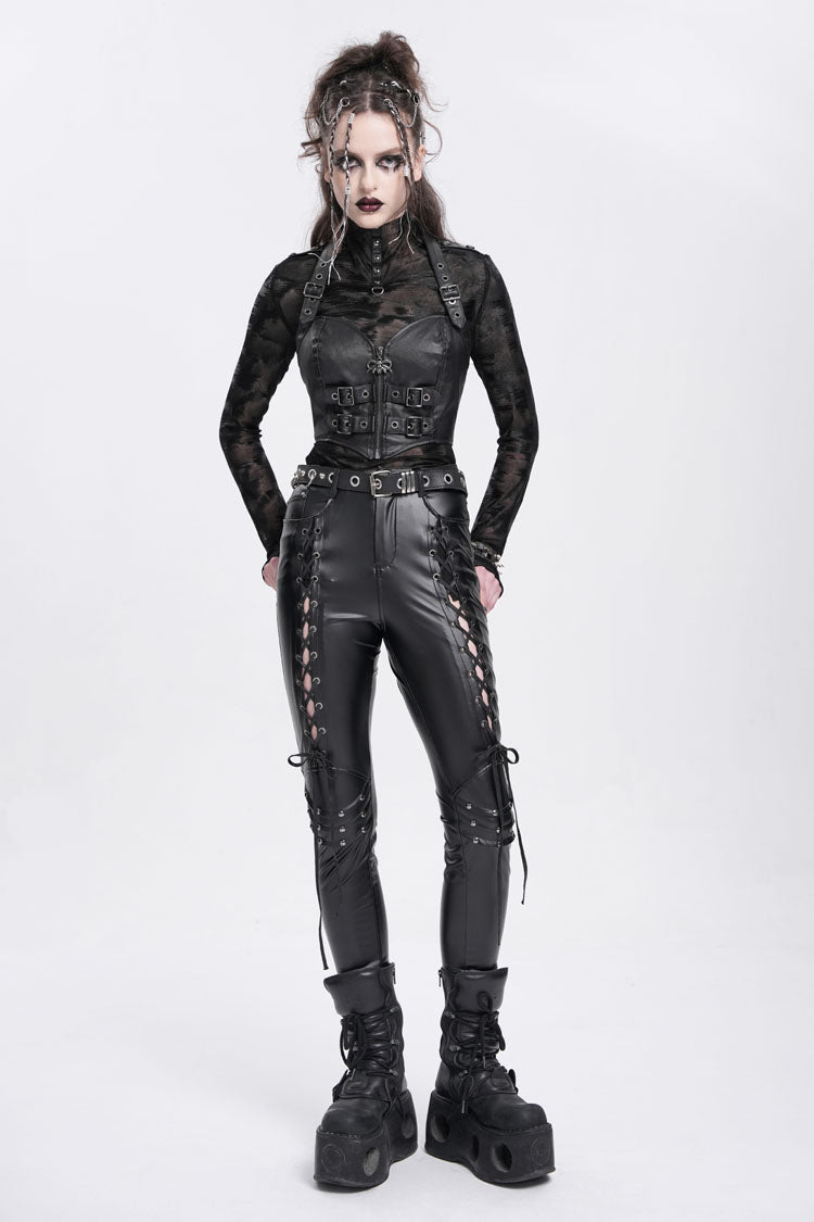 Black Halterneck Buckle Women's Punk Overbust Corset - Product - 10