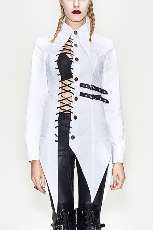 White Cotton Long Swallowtail Womens Punk Blouse - White - 1