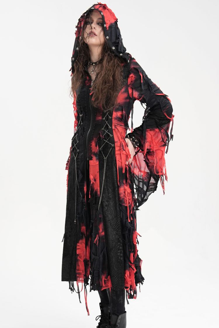 Black/Red Long Sleeves Lace Ripped Zipper Women's Punk Coat - Product - 13
