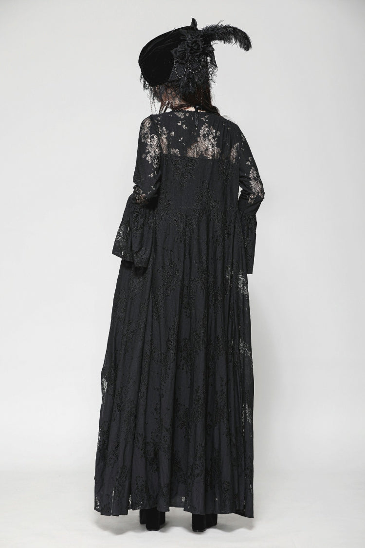 Black Long Flared Sleeves Lace Trimmed Lace-Up Women's Gothic Elegant Robe - Product - 12