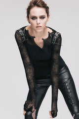 Black Sexy Transparent Spiderweb Back Mesh Long Sleeves Punk Women T-Shirt - Product - 5