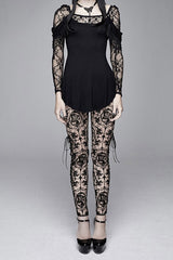 Brown Flocking Printing Mesh Side Lace Up Leggings Womens Pants - Product - 2