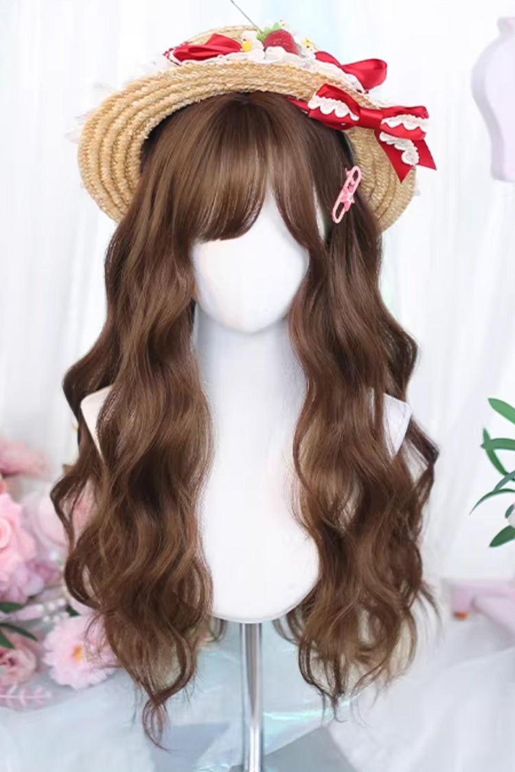 Warm Brown Japanese Style Wavy Daily Sweet Lolita Wig with Light Airy Bangs - Warm-Brown - 1